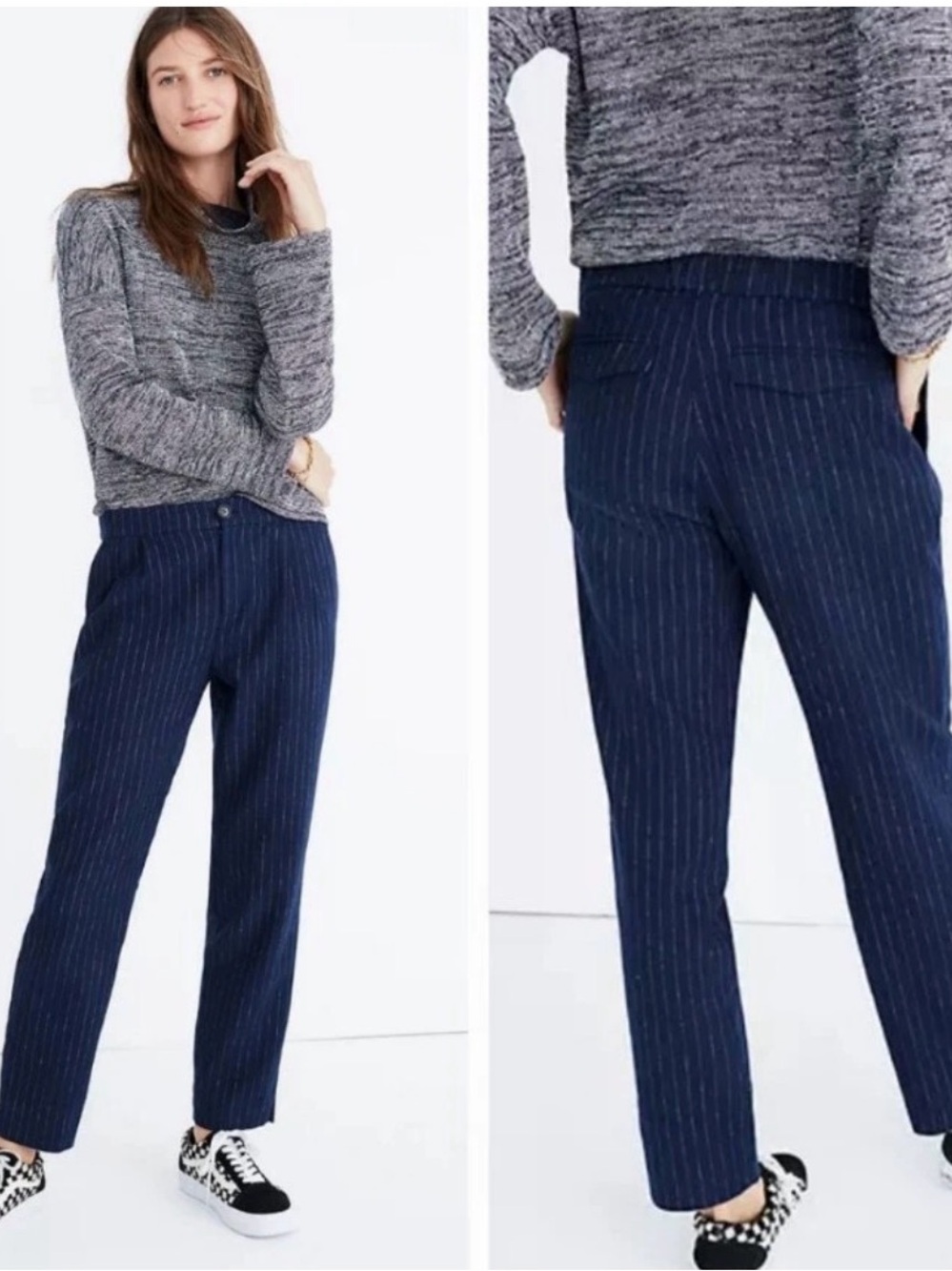 Madewell Pinstripe Track Trousers Navy Small Wool Linen Cotton Blend